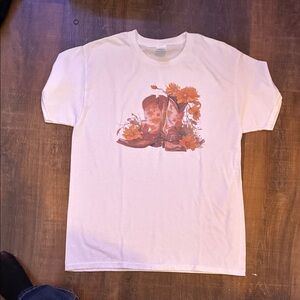 White T-Shirt with Cowboy Boots and Sunflowers Print